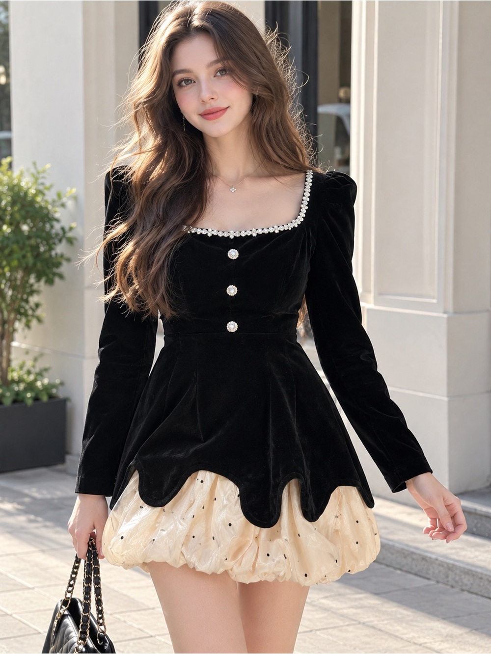 Fashion Black Velvet Rhinestone Bubble Hem Mini Dress